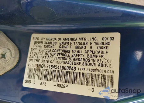 2004 Honda Civic Vp z USA, uszkodzony, nr VIN 1HGES16454L000243